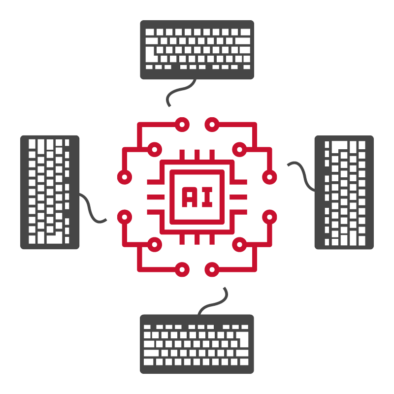 A stylized depiction of the MIST, multiple human transcribers assisted by AI.