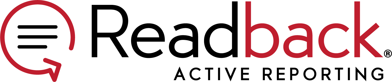 The Readback logo. Text on transparent background with the Readback logo image to the left side. Readback text at the top and then Active reporting at the bottom.