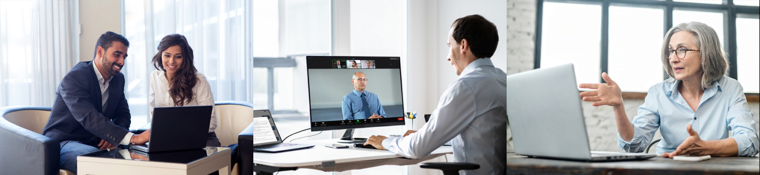 3 images are arranged into a banner. The first image on the left shows two people in business outfits looking at a laptop. The middle image shows a man on a video conference call sitting at a desk. The third image shows a woman looking at and gesturing towards a laptop.