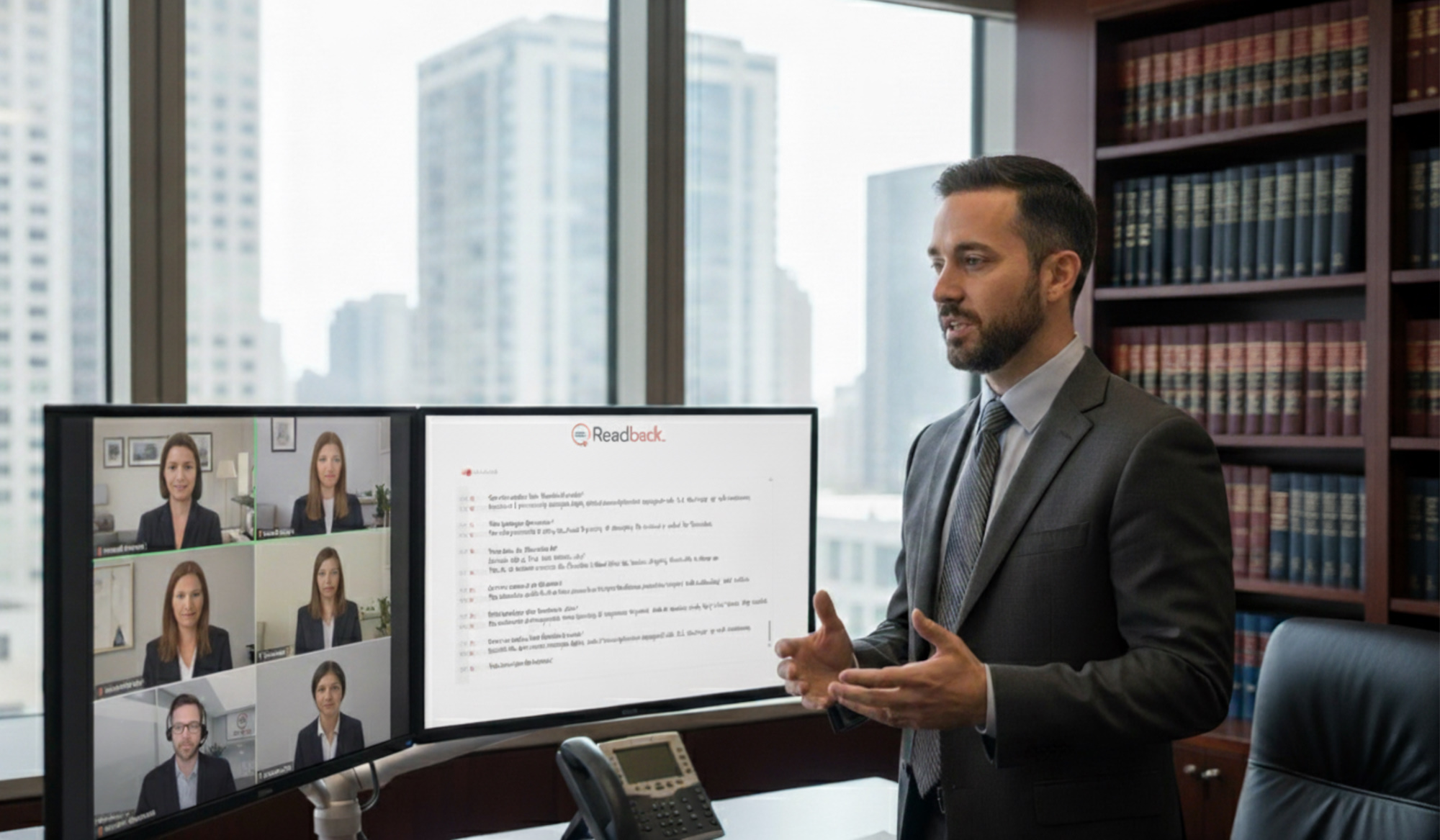 A professional man in a suit gestures toward two computer monitors showing a video conference with multiple participants and a legal document, set against a high-rise city office background.